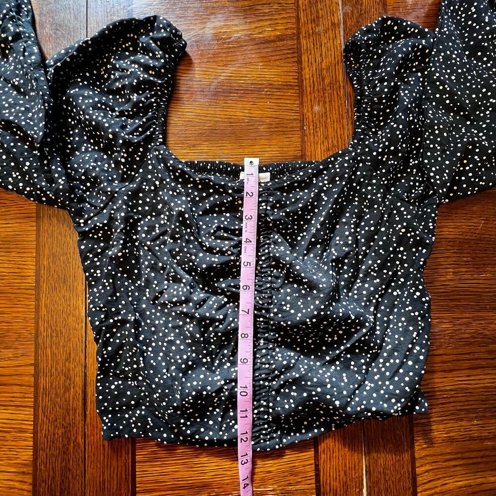 A New Day Boho Black White Balloon Sleeve Blouse Ruched Crop Top Size Medium - Picture 9 of 12